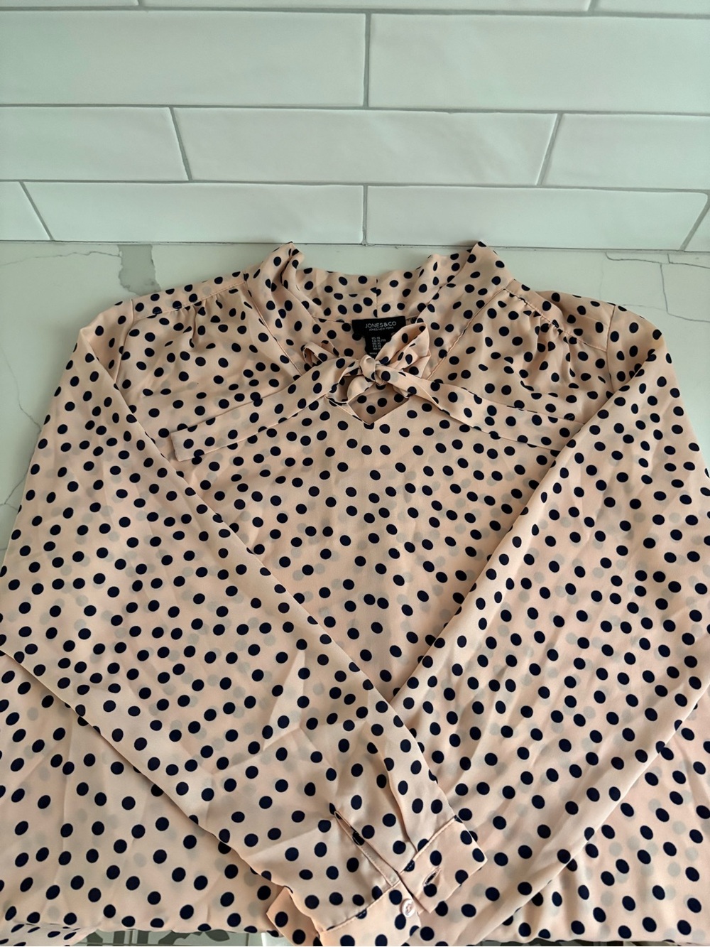 JONES NEW YORK Cream Polka Dot Bow Neck Blouse